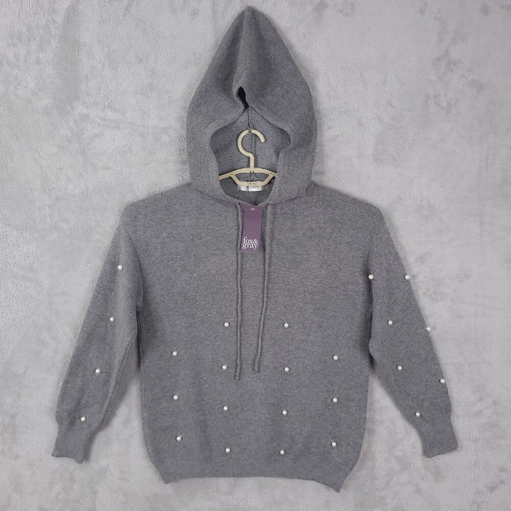 Fox & Gray Womens Sweater Size 2XL Gray Knit Polka Dot Pearl Hooded Pullover